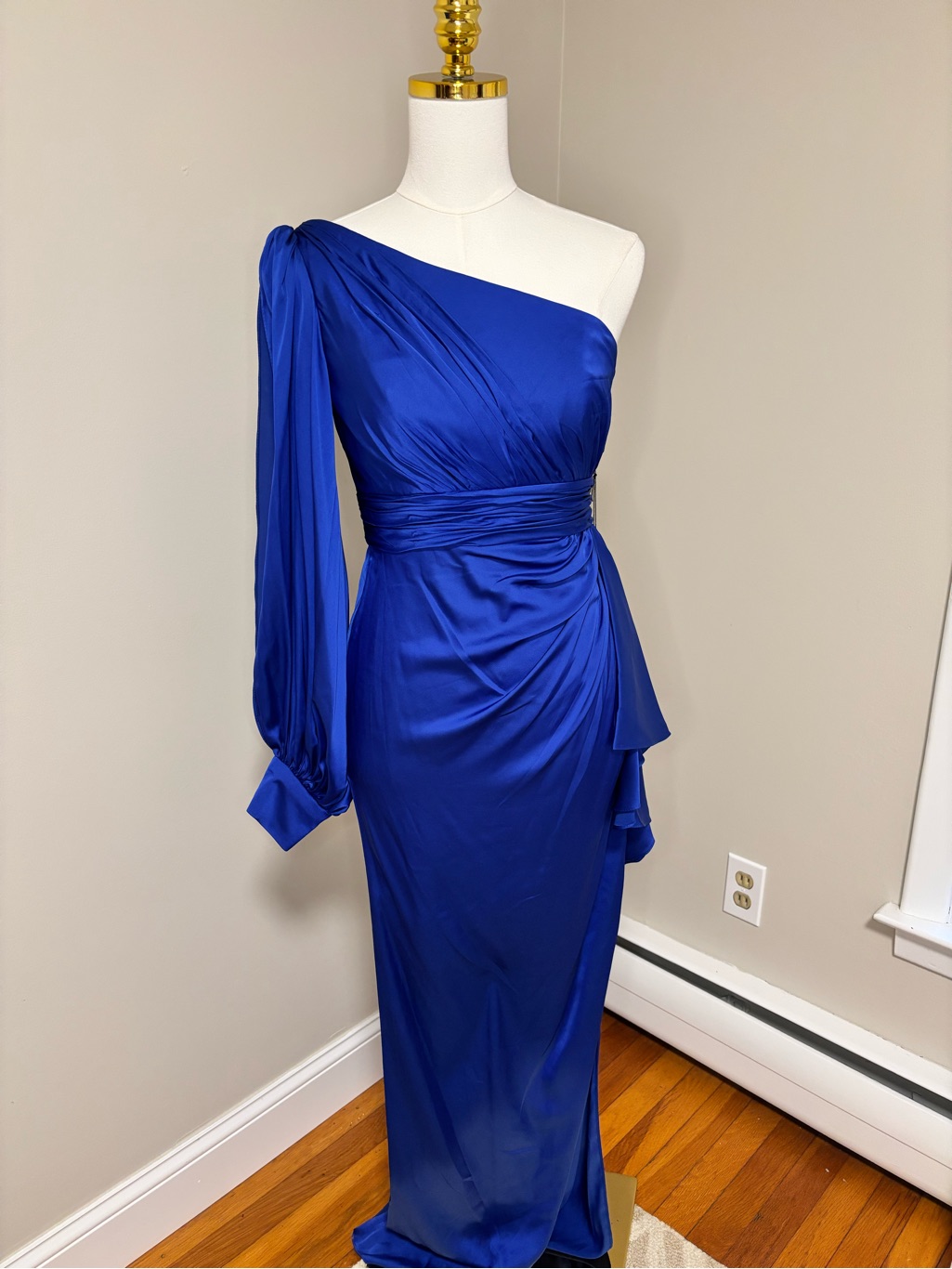 Mac Duggal Ieena One Shoulder Satin Draped Gown Royal Blue Size 2 Nwt